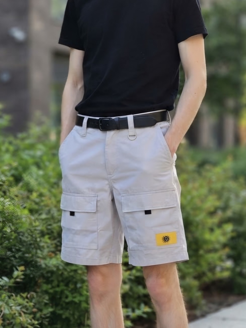 Forever 21 Men's Light Gray Cargo Shorts with Yellow Patch